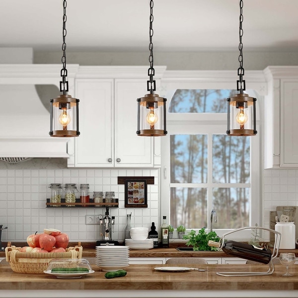 Modern farmhouse 5-light glass jar kitchen island pendant light for Modern Farmhouse Pendants Lighting for Kitchen Island Faux Wood Hanging